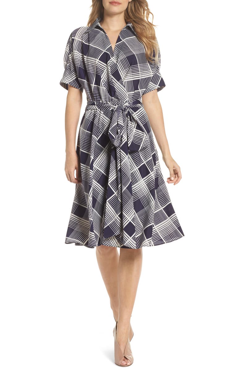 Eliza J Plaid Surplice Midi Dress, Main, color, Navy/ Ivory