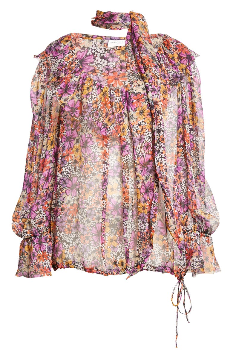 Dries Van Noten Contera Floral Print Silk Crepe Blouse with Tie, Alternate, color, 