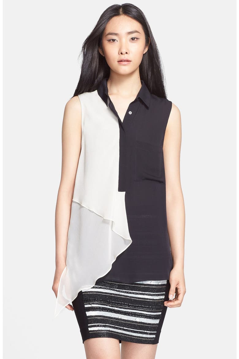 Colorblock Silk Chiffon Blouse, Main, color, BLACK/ SWAN