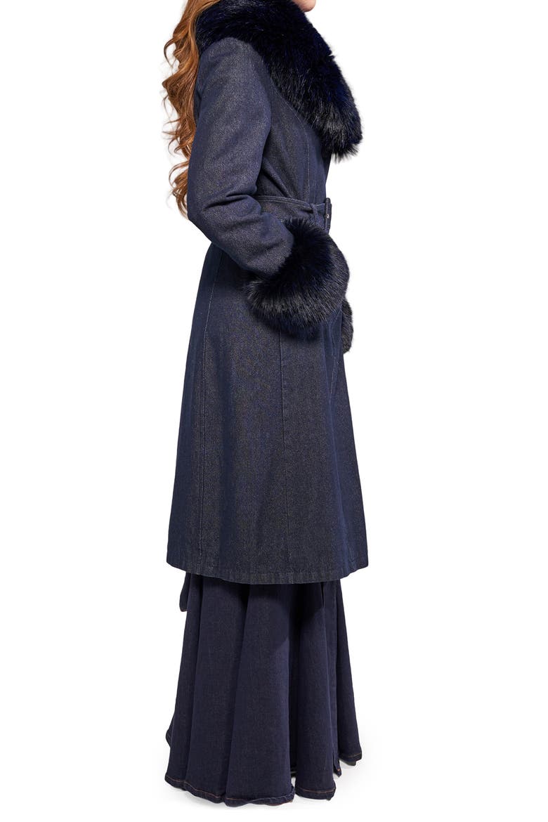 Kaya Faux Leather Trench Coat with Faux Fur Trim, Alternate, color, DARK DENIM