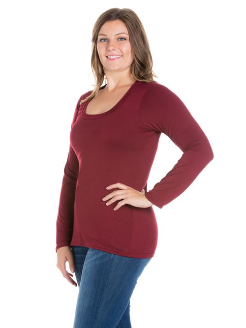 24seven Comfort Apparel Plus Size Solid Long Sleeve Scoop Neck Womens Tee In Burgundy