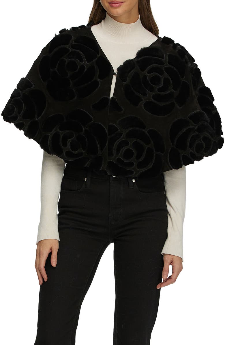 GORSKI Genuine Shearling/Suede Floral Embroidered Stole Reversible To  Cashmere And Wool Blend, Main, color, Black/Black