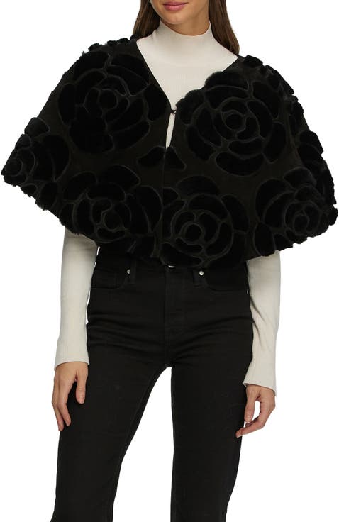 Genuine Shearling/Suede Floral Embroidered Stole Reversible To  Cashmere And Wool Blend