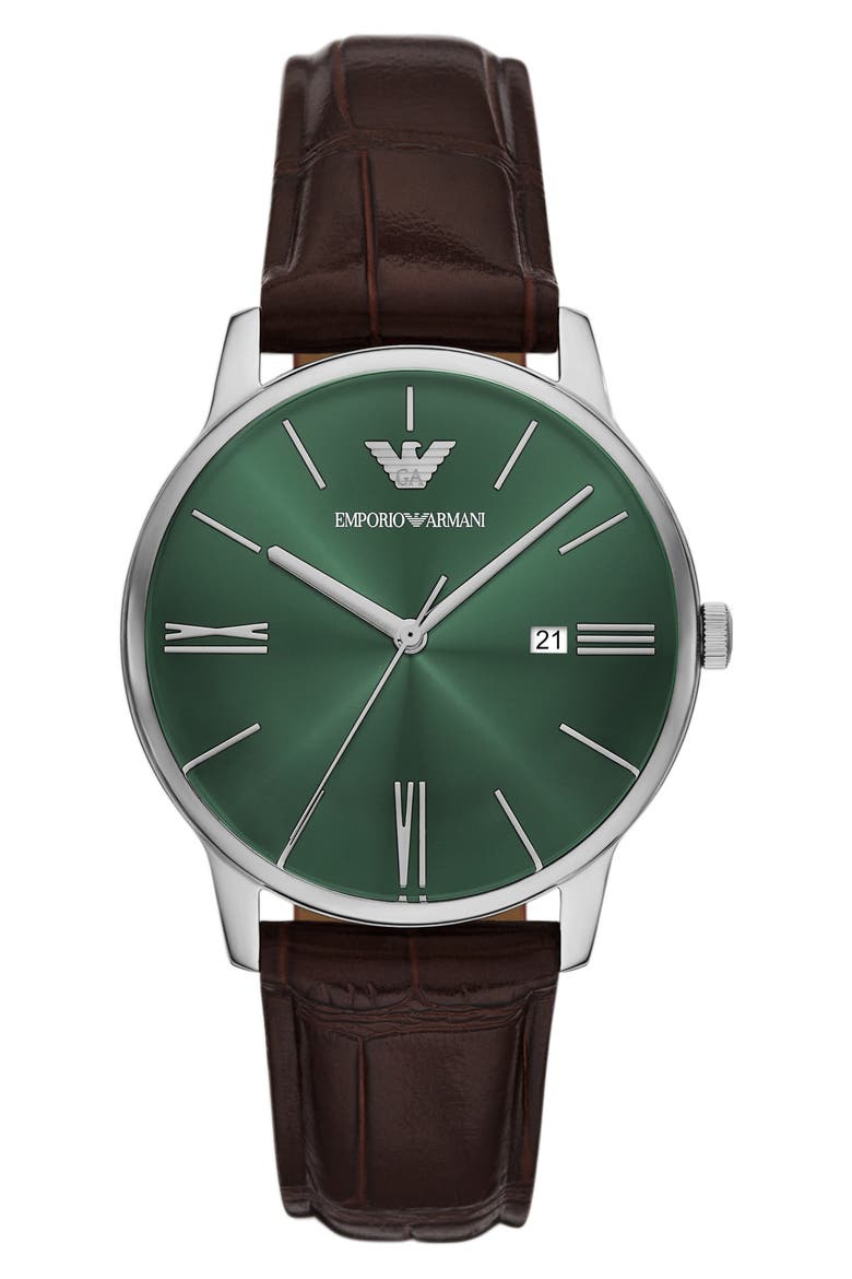 Minimalist Leather Strap Watch, 39mm, Main, color, GREEN/ BROWN