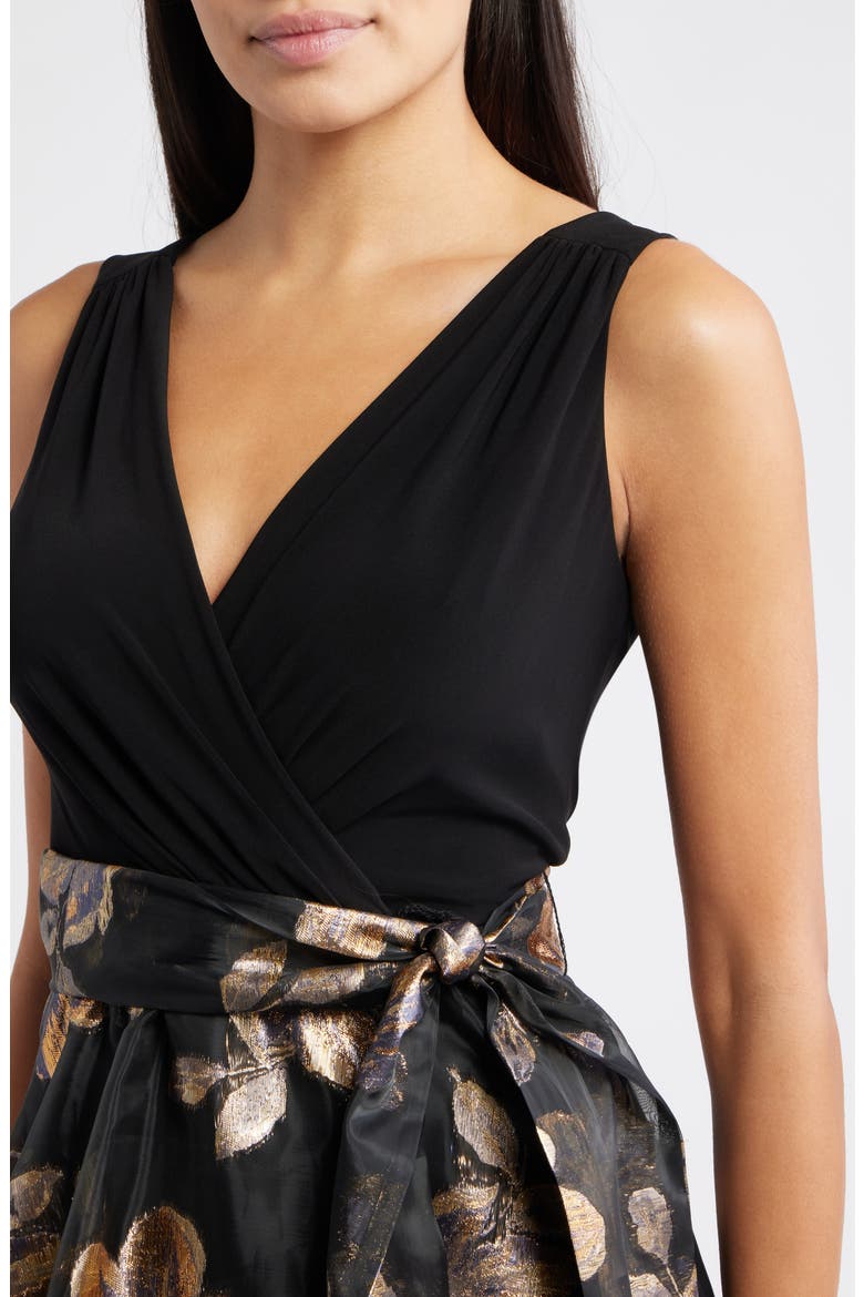 Floral Metallic Sleeveless Mixed Media Ballgown, Alternate, color, BLACK GOLD