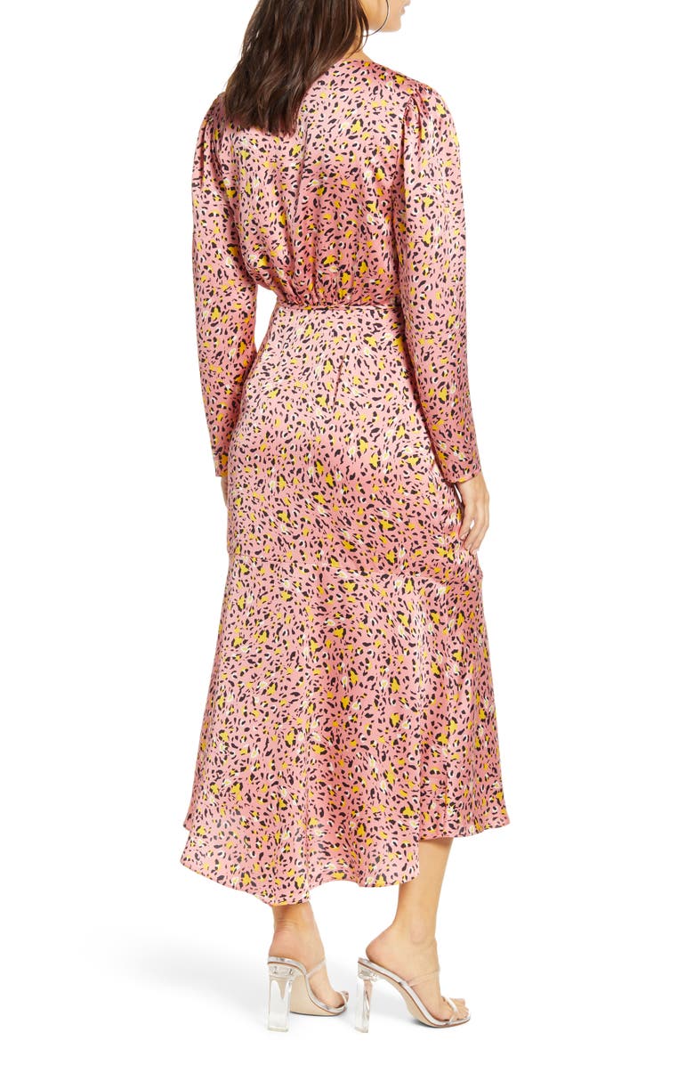 Leith Pink Leopard Print Long Sleeve Satin Midi Wrap Dress, Alternate, color, 
