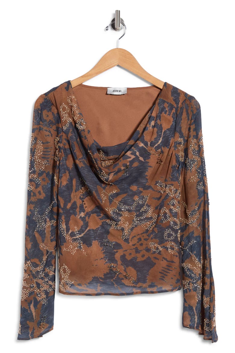 Beaded Long Sleeve Top, Main, color, BLUE/ MOCHA MULTI