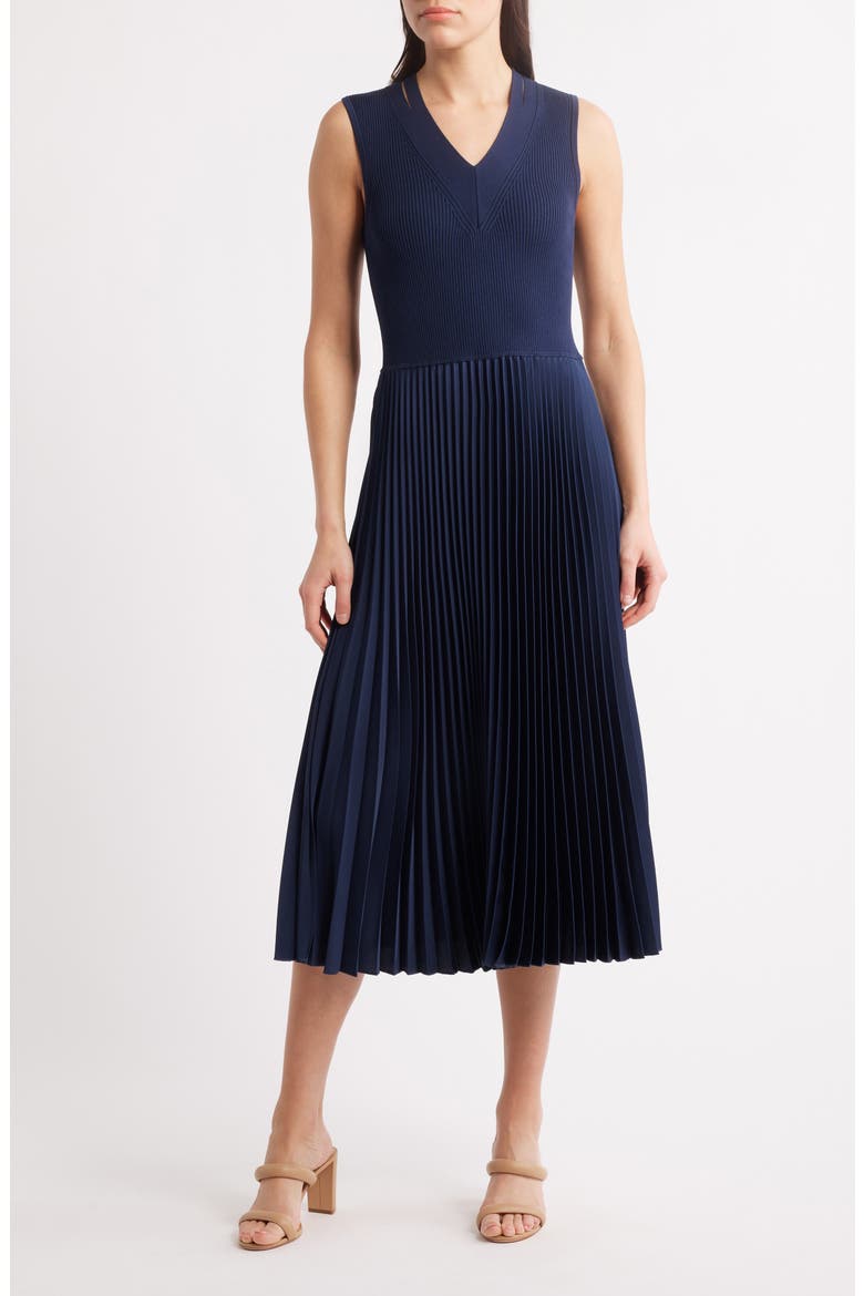 Farrah Slit Shoulder Mixed Media Midi Dress, Main, color, CLEAN NAVY