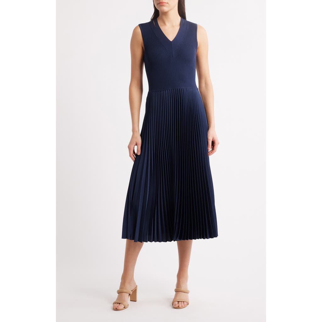 HUGO BOSS BOSS FARRAH SLIT SHOULDER MIXED MEDIA MIDI DRESS