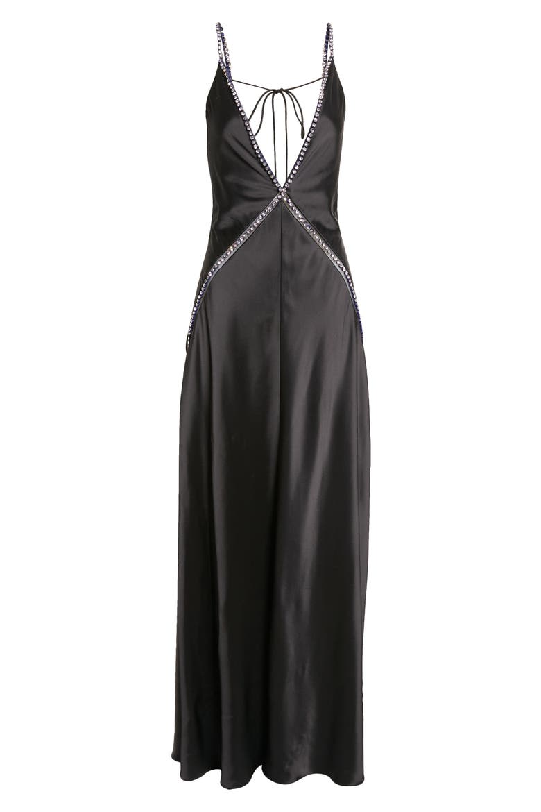 Embellished Plunge Neck Satin Maxi Dress, Alternate, color, BLACK