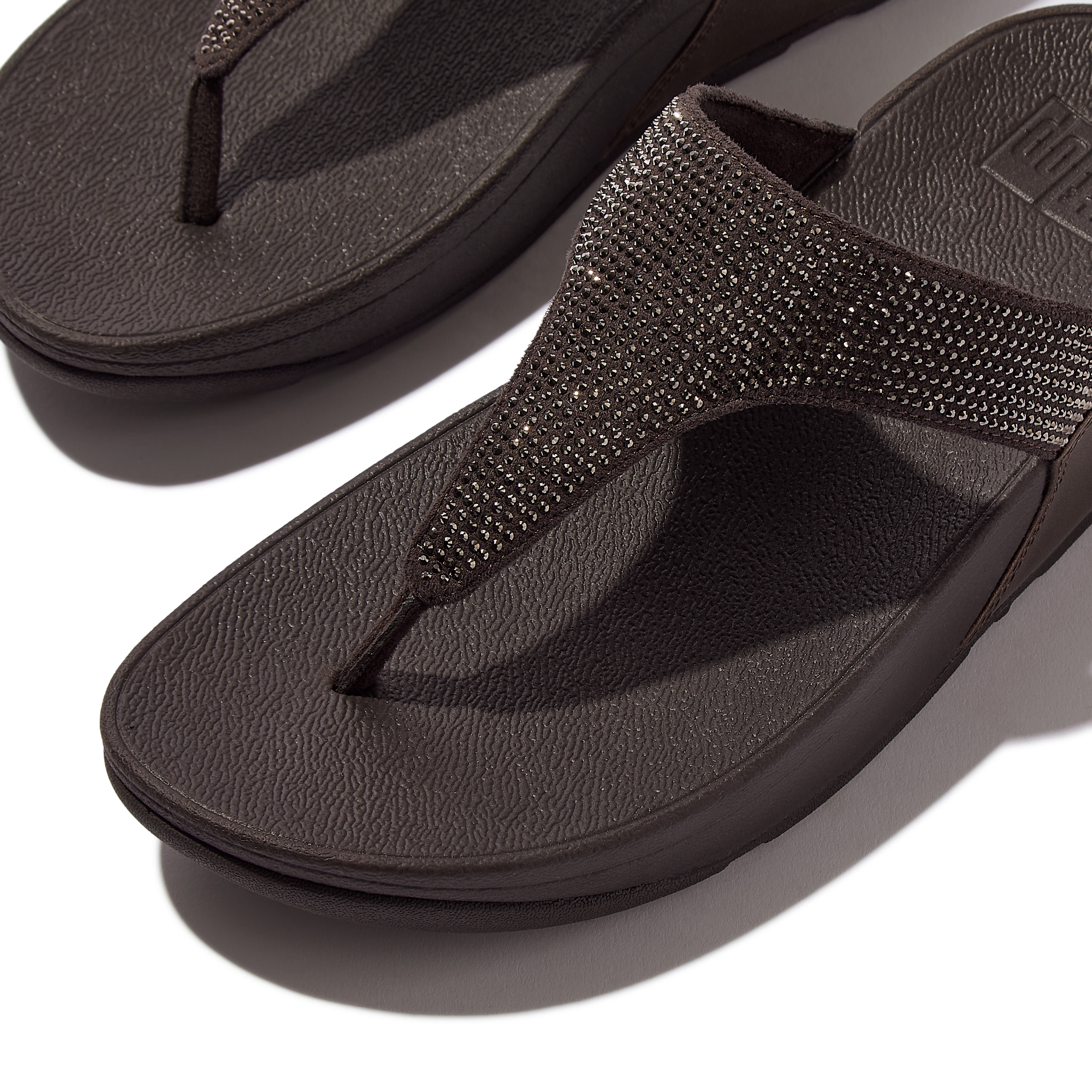 FitFlop Lulu Crystal embellished toe-post sandals, Alternate, color, Metallic Chocolate Brown