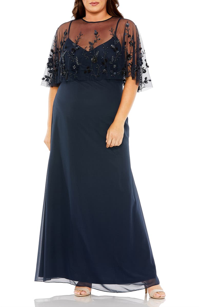Mac Duggal Hand Embellished Cape Chiffon Gown, Main, color, Midnight