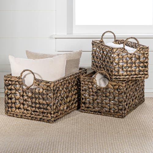 Happimess Quinn Bohemian Cottage Woven Hyacinth Rectangular Storage Baskets With Handles (set Of 3) In Brown