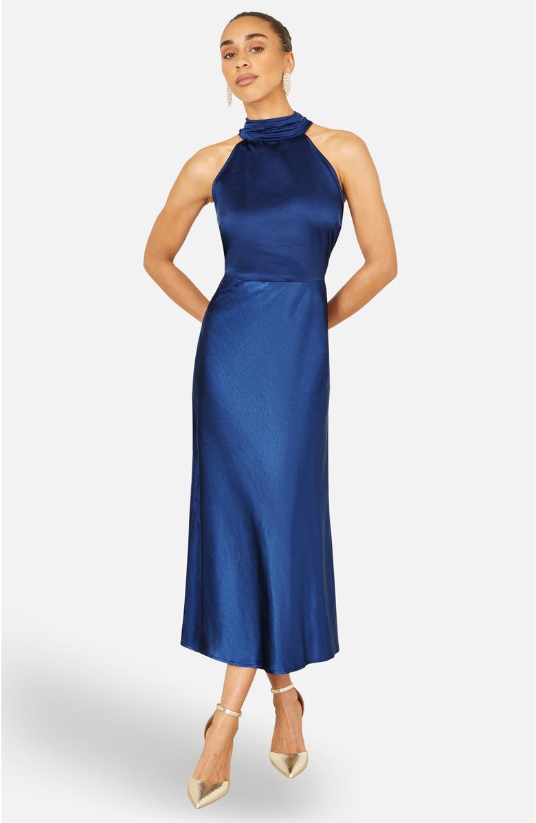 Yumi Satin Halter Neck Midi Dress, Alternate, color, Navy