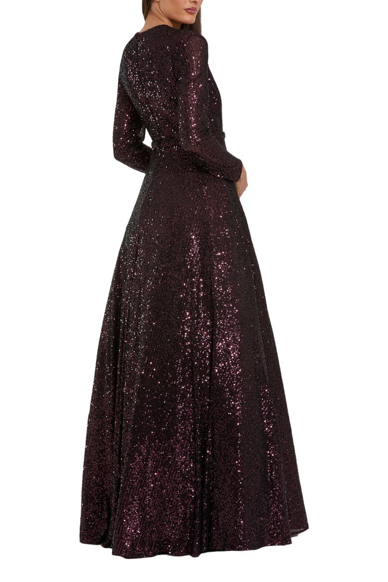 Long Sleeve Sequin Ballgown With 3D Flower, Alternate, color, Amethyst