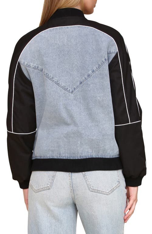 Avec Les Filles Mixed Media Denim Bomber Jacket In Light Blue Wash Navy