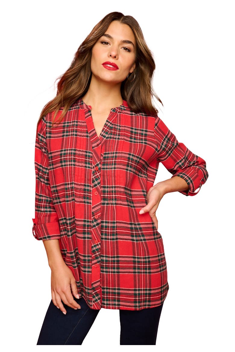 Plaid Flannel Pintuck Blouse, Main, color, VIVID RED CLASSIC PLAID