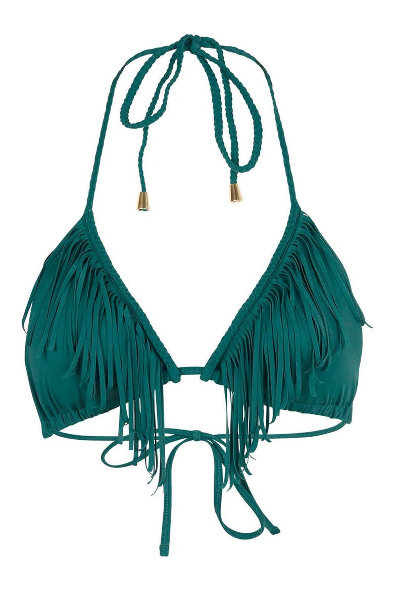 Fringe Triangle Bikini Top, Alternate, color, GREEN