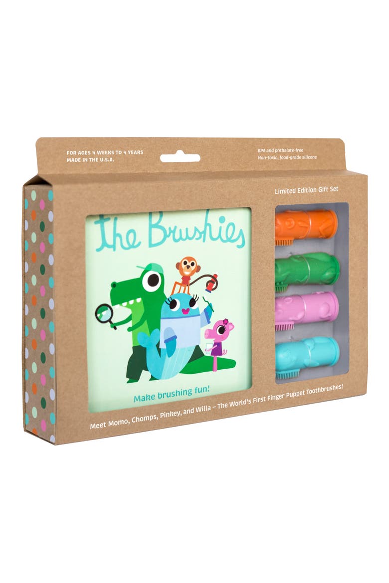 Brushies Book & Finger Puppet Toothbrush Gift Set, Main, color, BROWN