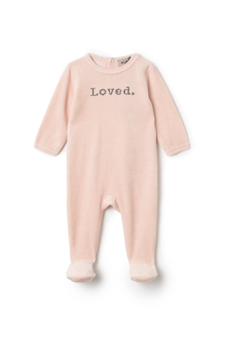 Small Moments Girl Loved Embroidered Velour Snap Romper, Main, color, Baby Pink