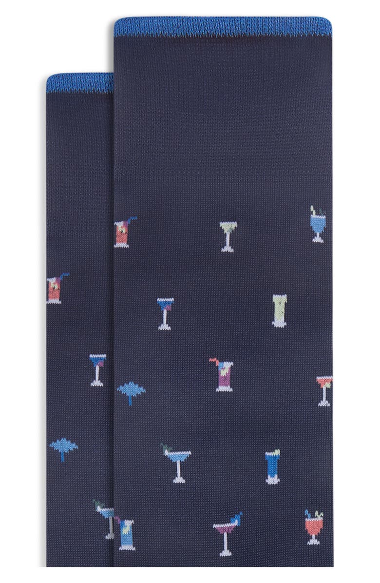 Bugatchi Cocktail Pattern Mercerized Cotton Blend Dress Socks, Alternate, color, Navy