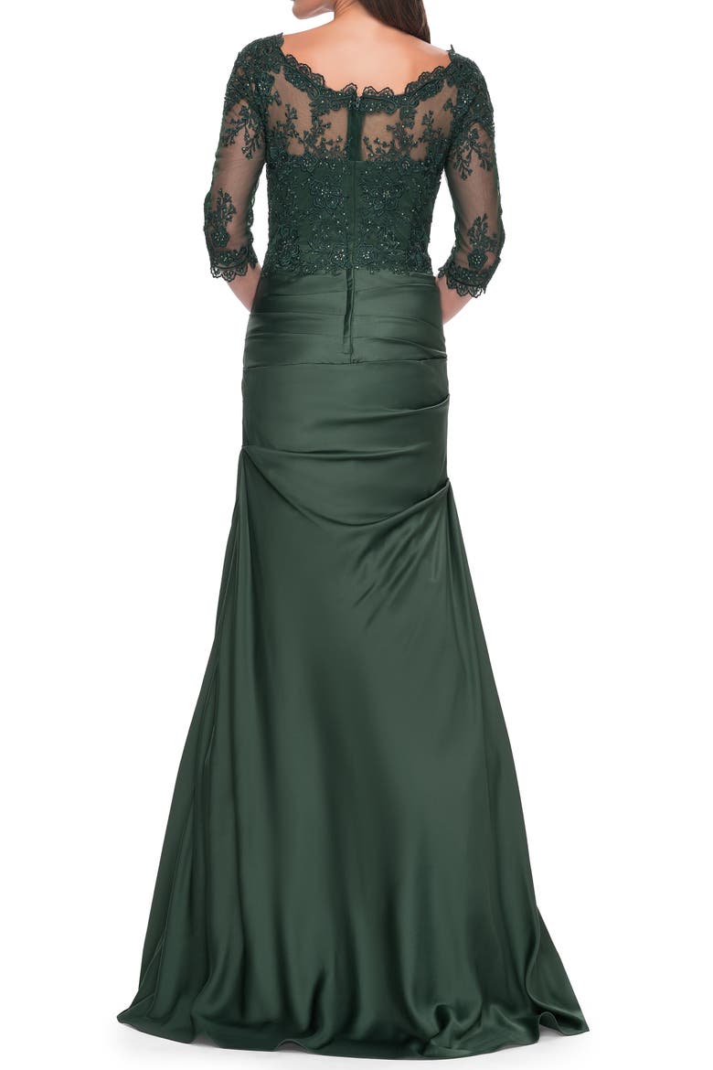 Satin and Lace Off the Shoulder Mermaid Gown, Alternate, color, Dark Emerald