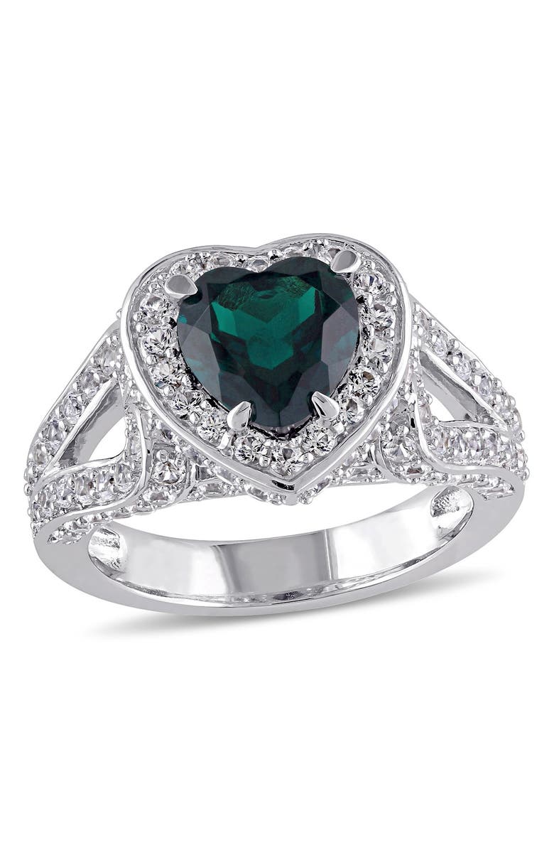 DELMAR Sterling Silver Created Emerald & Created White Sapphire Heart Halo Ring, Main, color, 