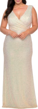 La Femme Long Sequin Plus Size Gown with V-Neck