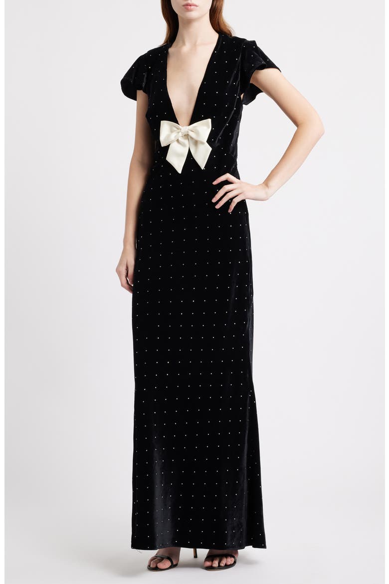 Melora Rhinestone Bow Velvet Maxi Dress, Main, color, BLACK