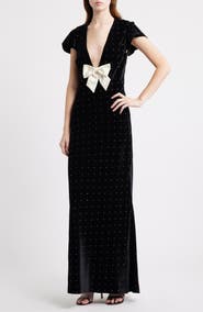 LoveShackFancy Melora Rhinestone Bow Velvet Maxi Dress