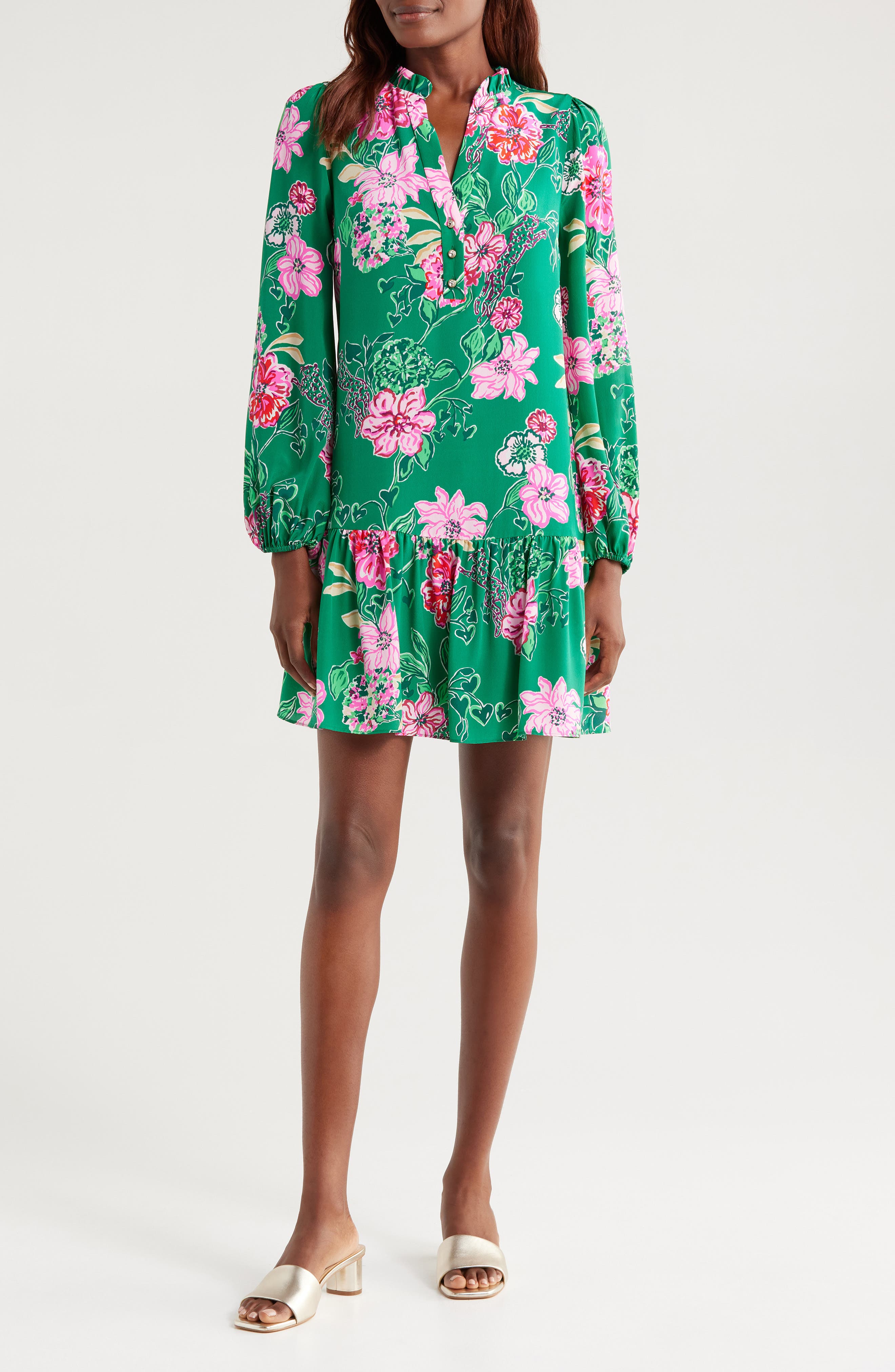 evaline silk dress Shine bright in our Evaline Silk Dress in {Safari Sanctuary} The colors in this print are beautiful on the Fiddle Leaf Green background! Easy fit, rhinestone buttons and a ruffle hem!