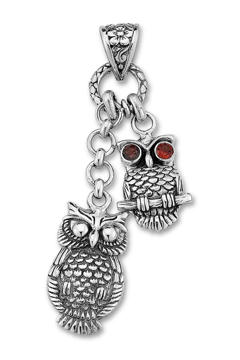 Sterling Silver Garnet Eye Double Owl Drop Pendant, Main, color, RED