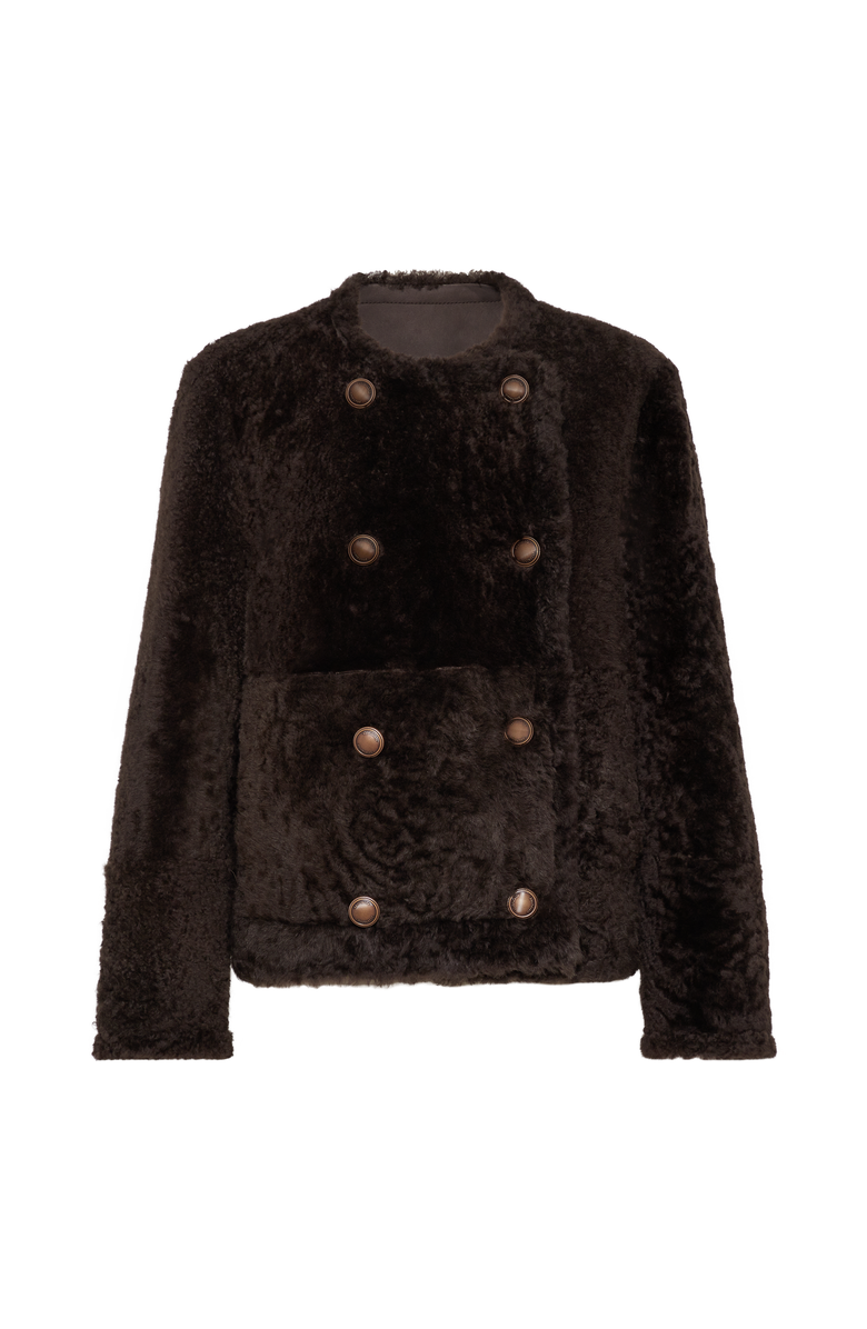 Brunello Cucinelli Fuzzy shearling cropped pea coat, Main, color, Rust Brown