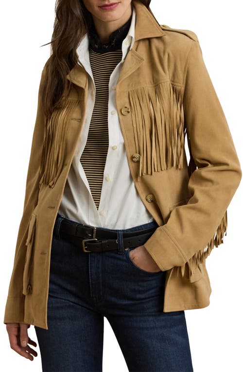 Ralph Lauren Fringe-trim Belted Goat-suede Jacket In Brown