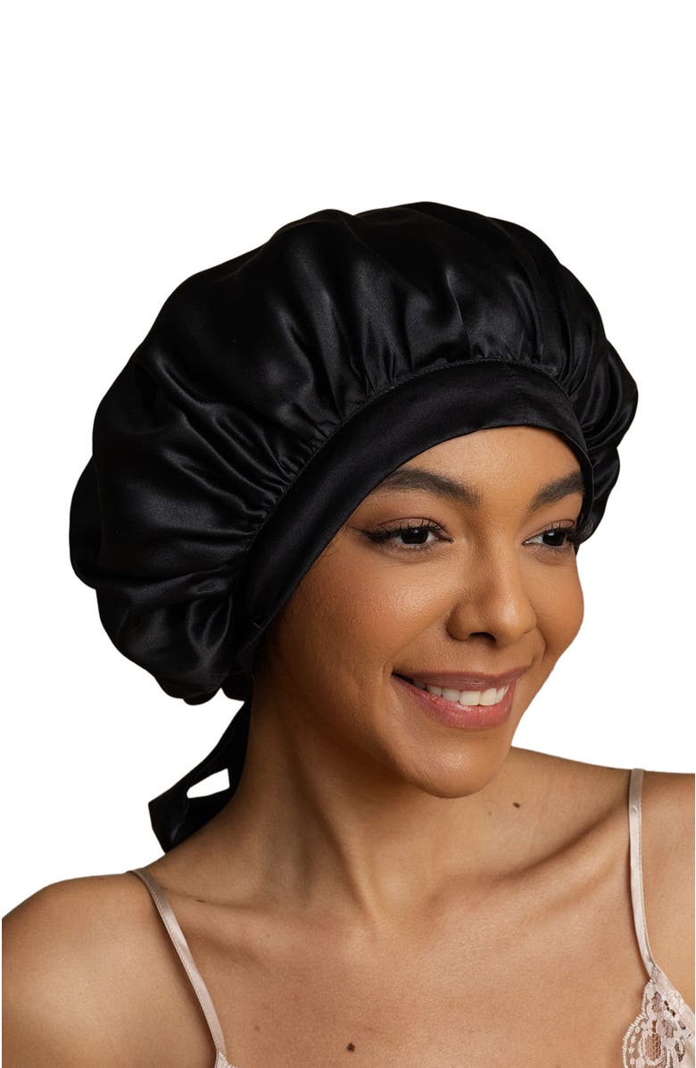 SILKSILKY Women's Mulberry Silk Bonnet with Long Ribbons, Alternate, color, Black