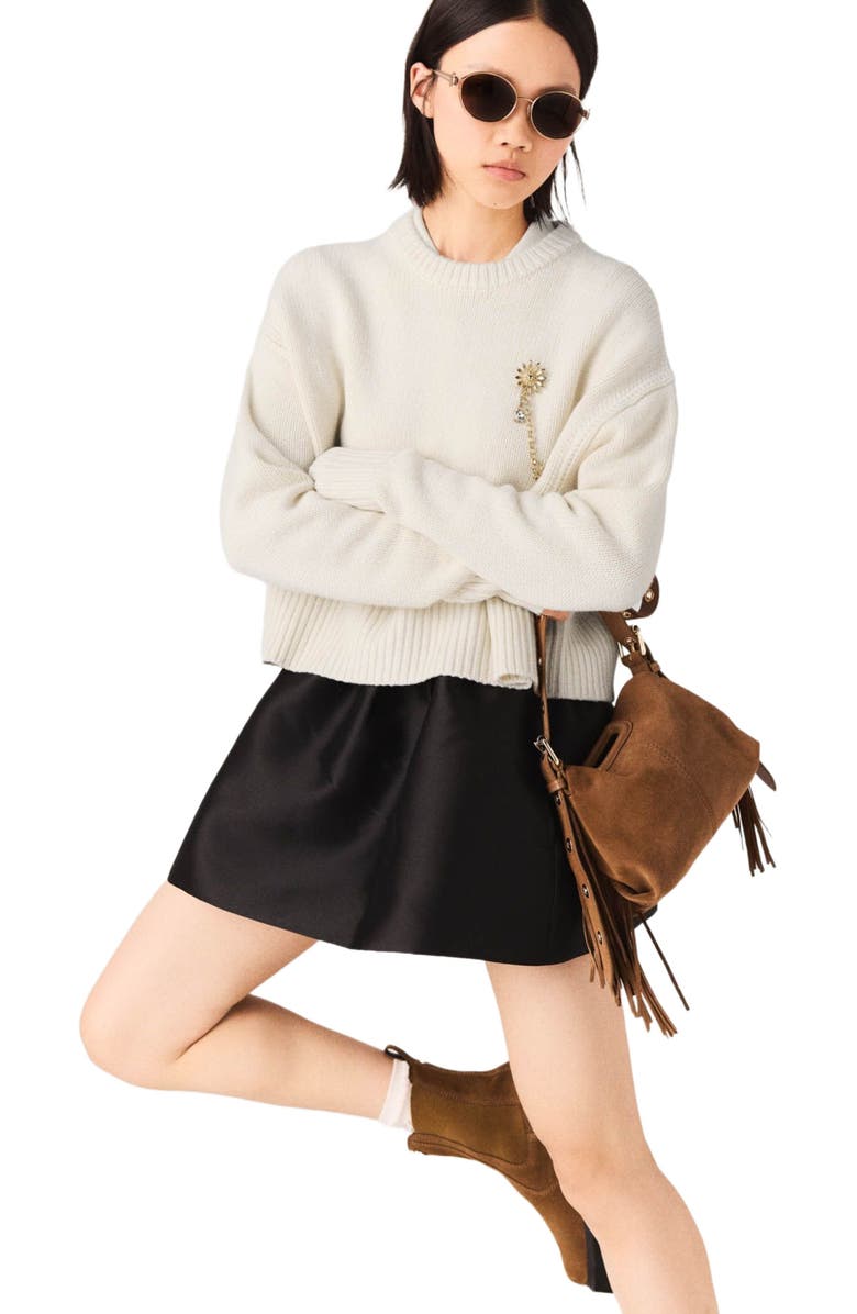 maje Sweater with floral brooch, Alternate, color, Ecru