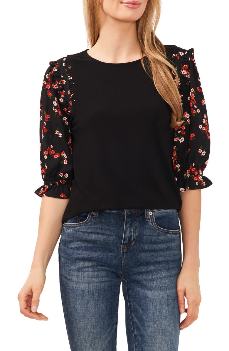 CeCe Floral Ruffle Sleeve Mixed Media Top, Main, color, 