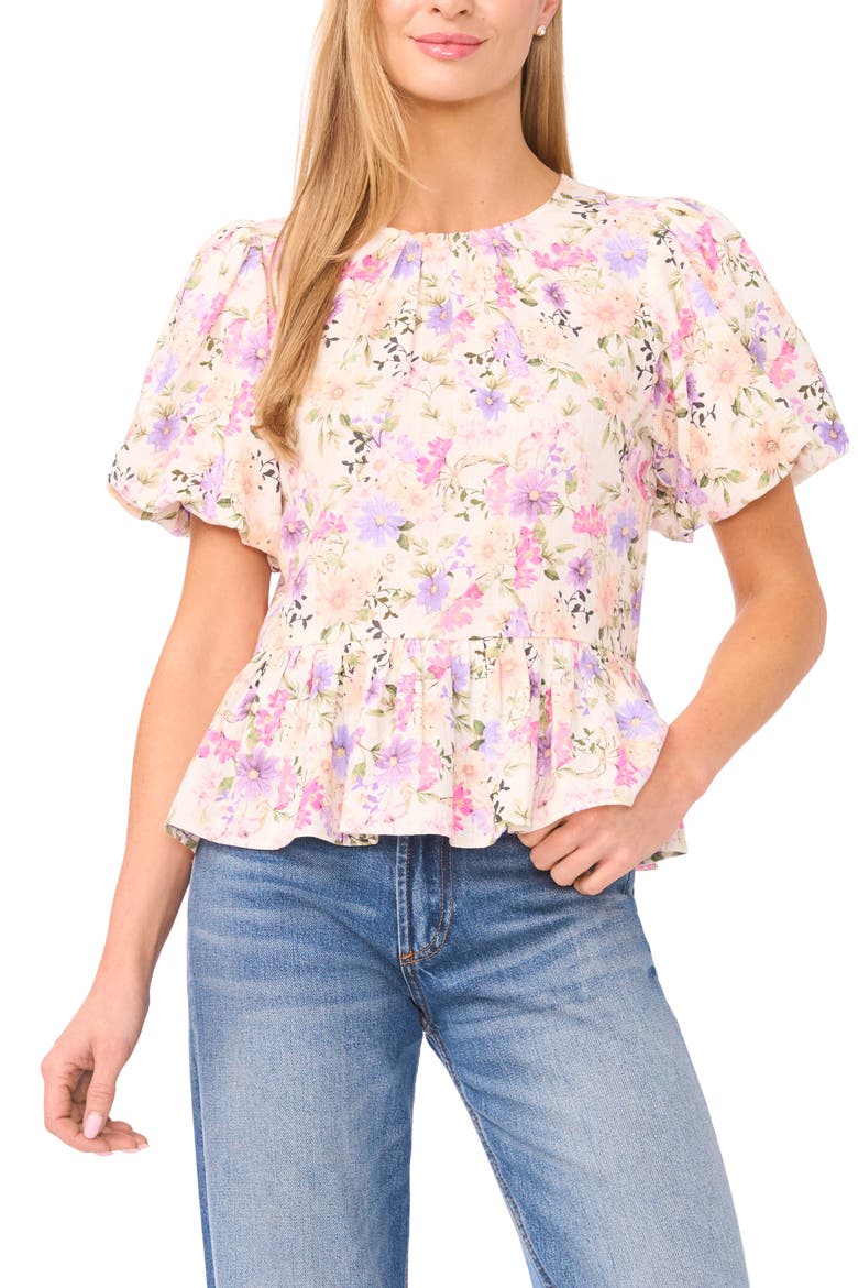 Floral Shirred Neck Top, Main, color, NEW IVORY