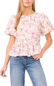 CeCe Floral Shirred Neck Top