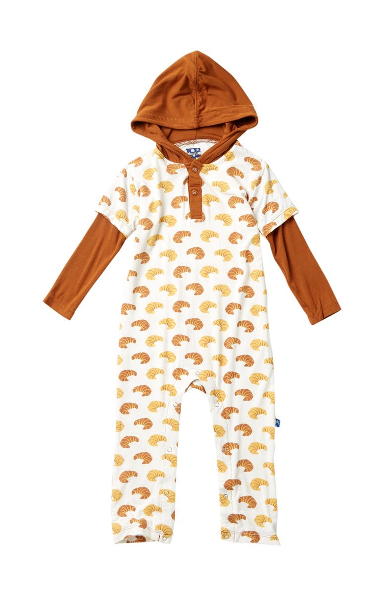 KicKee Pants Print Long Sleeve Hoodie Romper in Natural Croissants, Main, color,