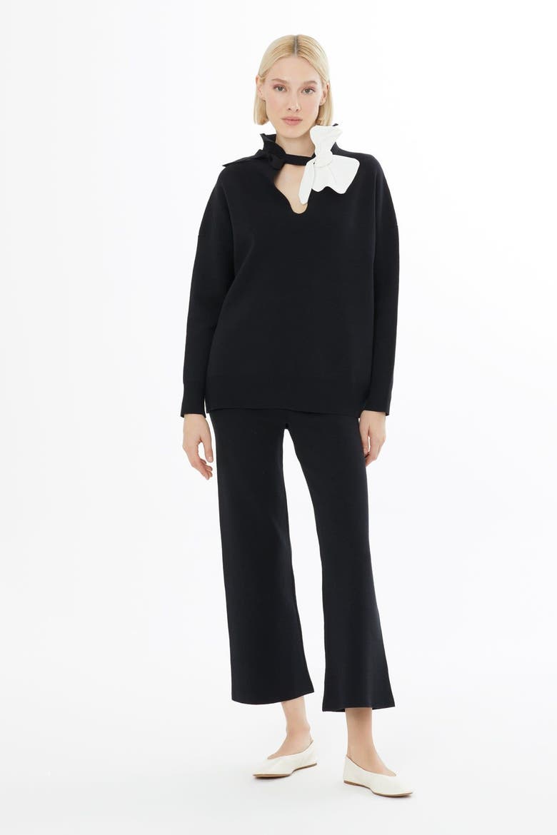 Floral Detail Long Sleeve Soft Knit Blouse, Main, color, Black