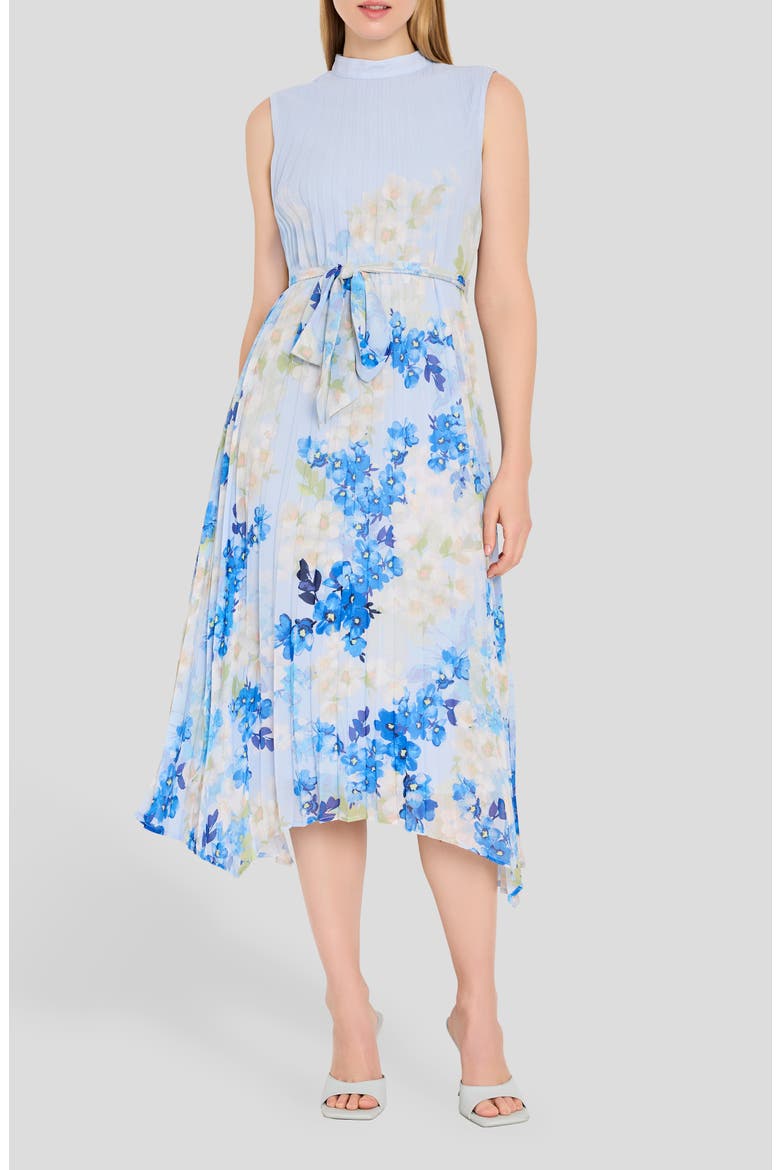 Border Print Pleated Tie Waist Midi Dress, Main, color, IVORY BLUE FLORAL