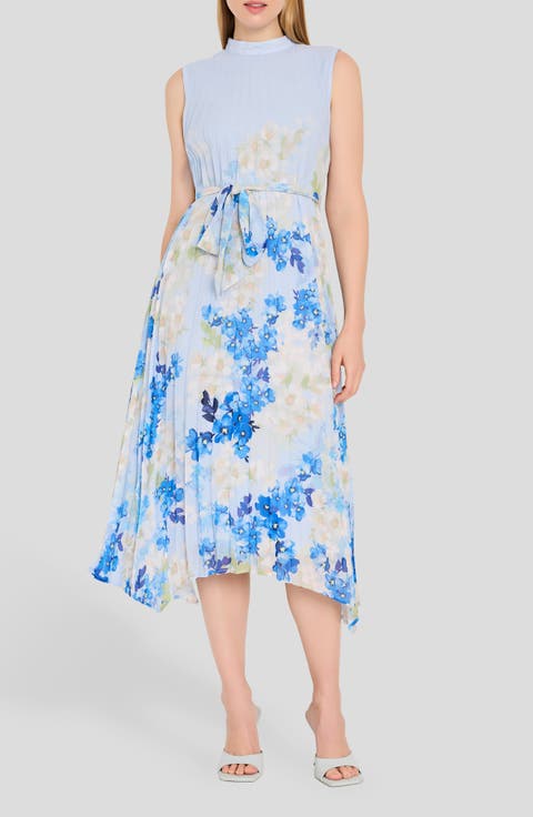 Border Print Pleated Tie Waist Midi Dress