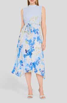 Border Print Pleated Tie Waist Midi Dress
