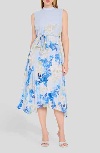 Border Print Pleated Tie Waist Midi Dress