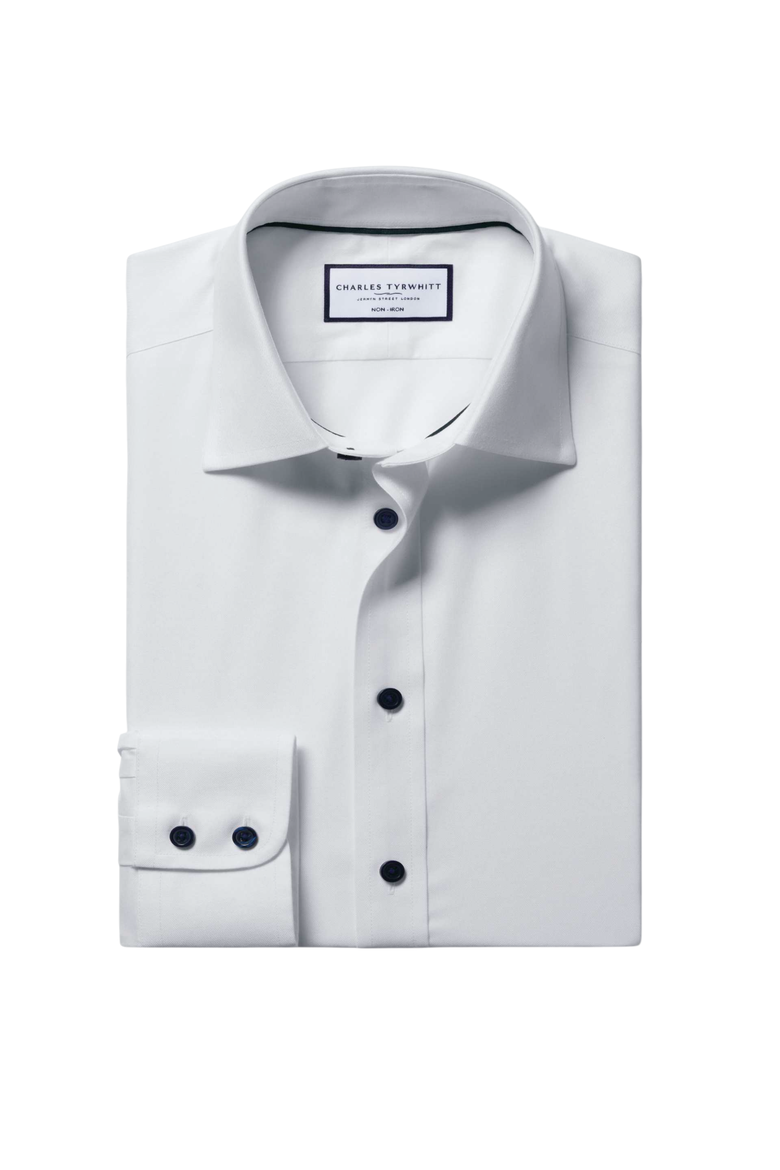 Non-Iron Twill with contrast blue buttons Shirt, Alternate, color, White