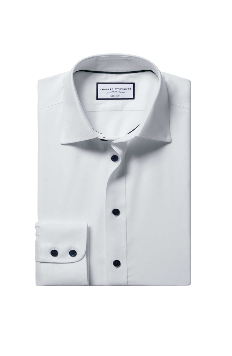 Charles Tyrwhitt Non-Iron Twill with contrast blue buttons Shirt, Alternate, color, White
