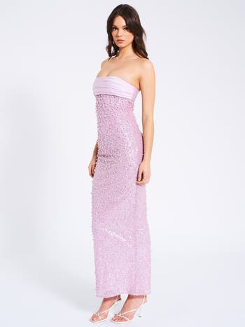 Lainey Satin Strapless Party Sequin Pearl Beaded Maxi Dress