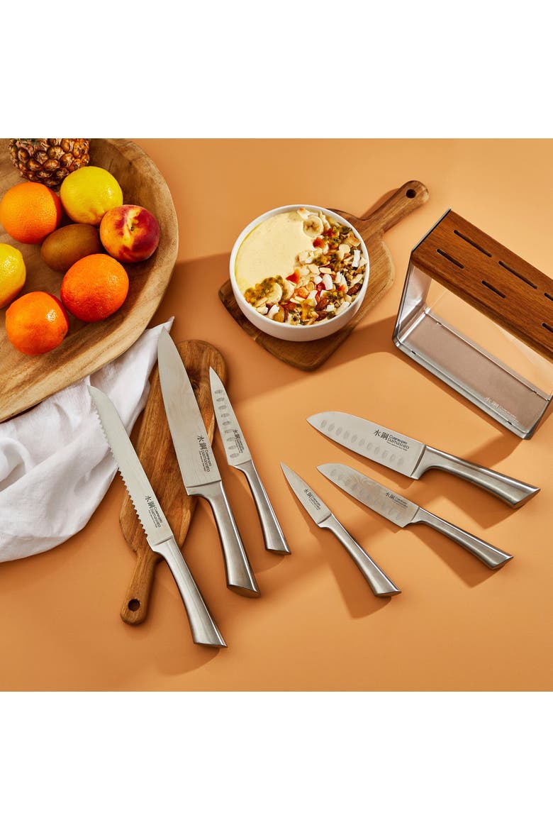 Damashiro® Kinzoku 7-Piece Knife Block + 4 Bonus Steak Knives, Alternate, color, Silver, Wood