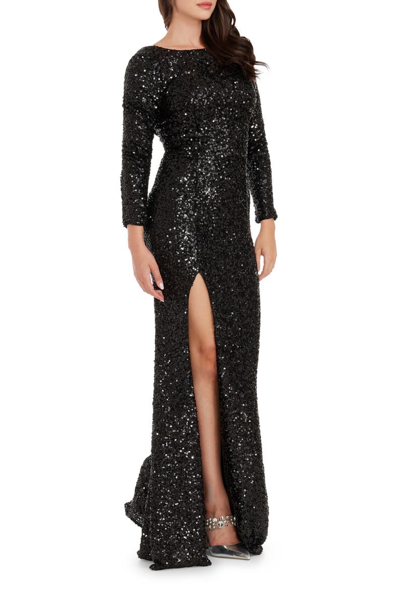 Janette Sequin Long Sleeve Mermaid Gown, Alternate, color, JET BLACK